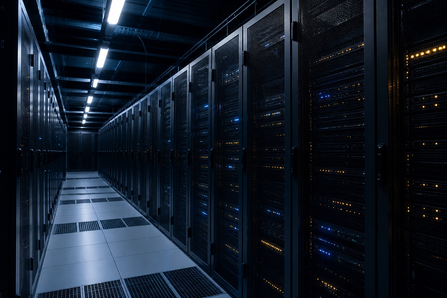 Co-location veri merkezi — soğuk koridor ve rack sırası